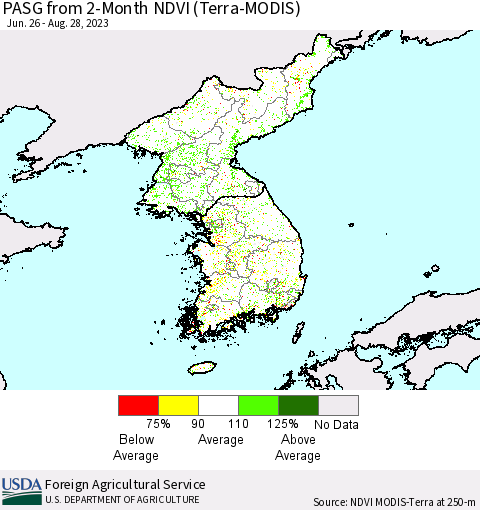 Korea PASG from 2-Month NDVI (Terra-MODIS) Thematic Map For 8/21/2023 - 8/31/2023