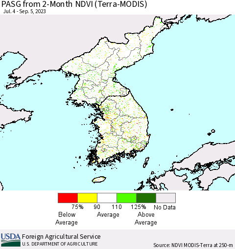 Korea PASG from 2-Month NDVI (Terra-MODIS) Thematic Map For 9/1/2023 - 9/10/2023