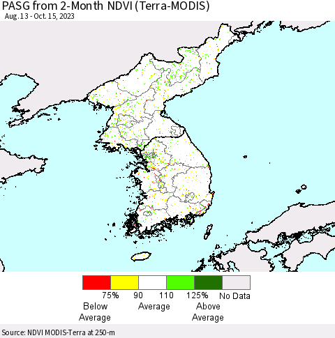 Korea PASG from 2-Month NDVI (Terra-MODIS) Thematic Map For 10/8/2023 - 10/15/2023