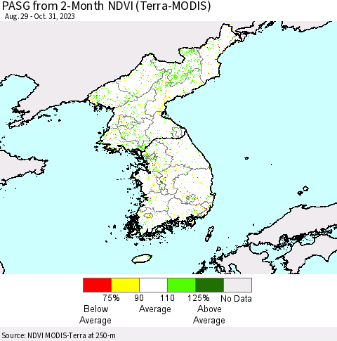 Korea PASG from 2-Month NDVI (Terra-MODIS) Thematic Map For 10/24/2023 - 10/31/2023