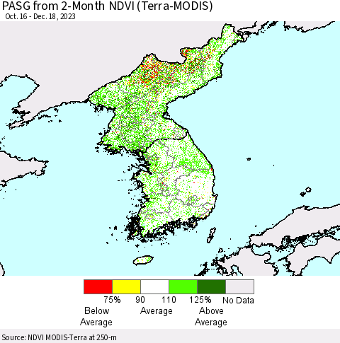 Korea PASG from 2-Month NDVI (Terra-MODIS) Thematic Map For 12/11/2023 - 12/18/2023