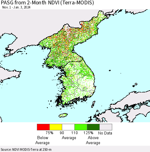 Korea PASG from 2-Month NDVI (Terra-MODIS) Thematic Map For 12/27/2023 - 1/3/2024
