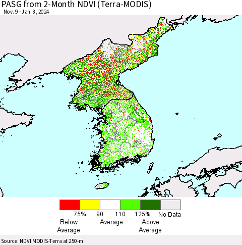 Korea PASG from 2-Month NDVI (Terra-MODIS) Thematic Map For 1/1/2024 - 1/8/2024
