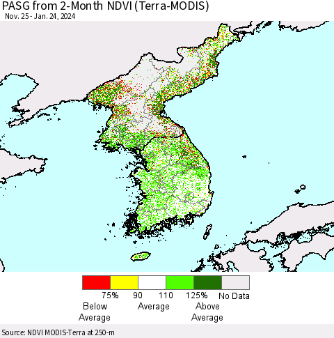 Korea PASG from 2-Month NDVI (Terra-MODIS) Thematic Map For 1/17/2024 - 1/24/2024