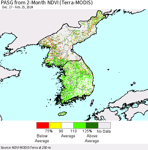Korea PASG from 2-Month NDVI (Terra-MODIS) Thematic Map For 2/18/2024 - 2/25/2024