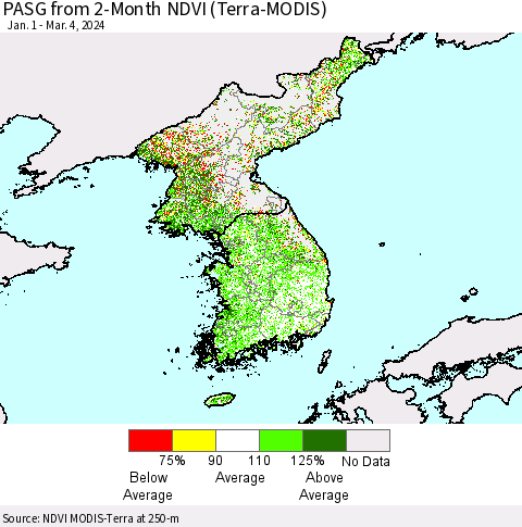 Korea PASG from 2-Month NDVI (Terra-MODIS) Thematic Map For 2/26/2024 - 3/4/2024