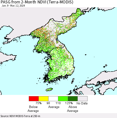 Korea PASG from 2-Month NDVI (Terra-MODIS) Thematic Map For 3/5/2024 - 3/12/2024