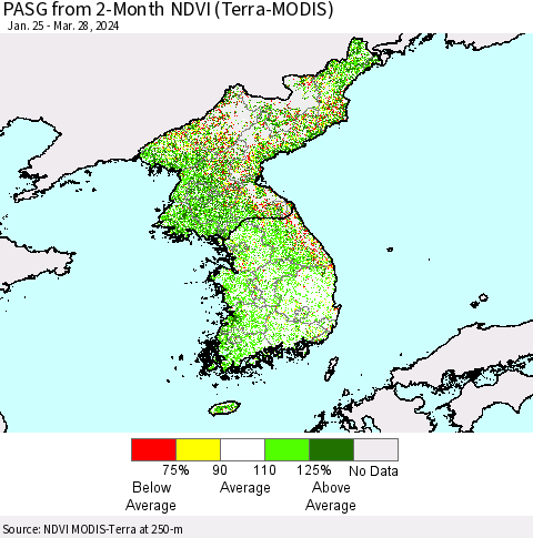 Korea PASG from 2-Month NDVI (Terra-MODIS) Thematic Map For 3/21/2024 - 3/28/2024