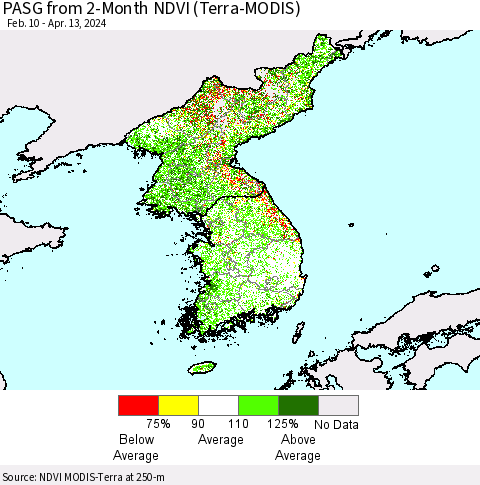 Korea PASG from 2-Month NDVI (Terra-MODIS) Thematic Map For 4/6/2024 - 4/13/2024