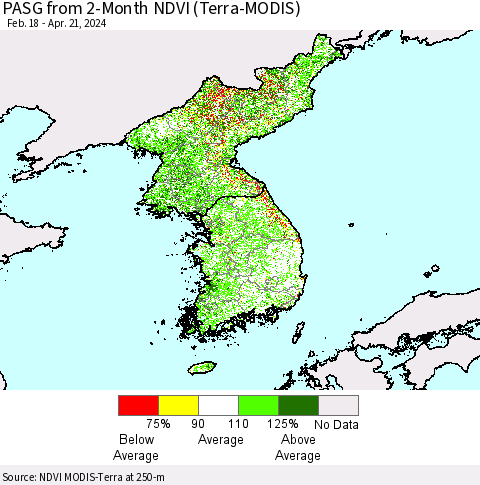 Korea PASG from 2-Month NDVI (Terra-MODIS) Thematic Map For 4/14/2024 - 4/21/2024