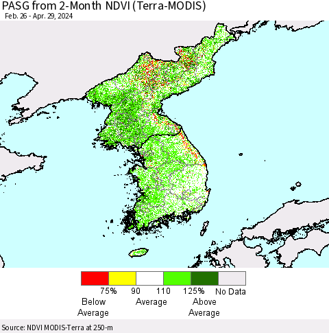 Korea PASG from 2-Month NDVI (Terra-MODIS) Thematic Map For 4/22/2024 - 4/29/2024