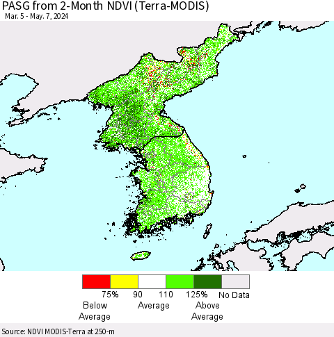 Korea PASG from 2-Month NDVI (Terra-MODIS) Thematic Map For 4/30/2024 - 5/7/2024