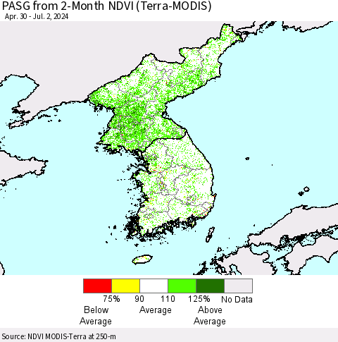 Korea PASG from 2-Month NDVI (Terra-MODIS) Thematic Map For 6/25/2024 - 7/2/2024