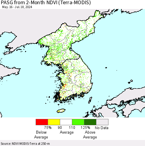 Korea PASG from 2-Month NDVI (Terra-MODIS) Thematic Map For 7/11/2024 - 7/18/2024