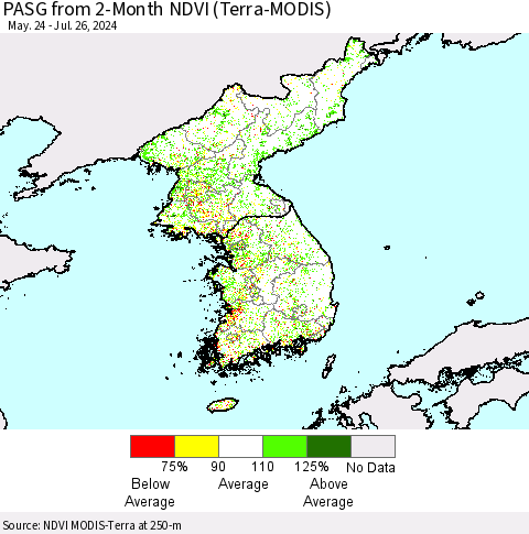 Korea PASG from 2-Month NDVI (Terra-MODIS) Thematic Map For 7/19/2024 - 7/26/2024
