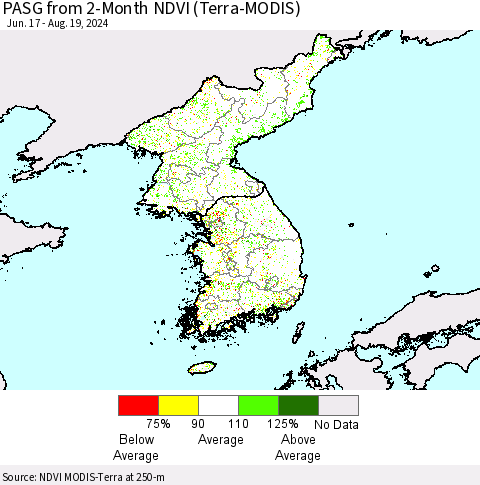 Korea PASG from 2-Month NDVI (Terra-MODIS) Thematic Map For 8/12/2024 - 8/19/2024