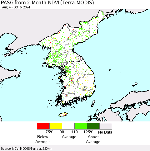 Korea PASG from 2-Month NDVI (Terra-MODIS) Thematic Map For 9/29/2024 - 10/6/2024