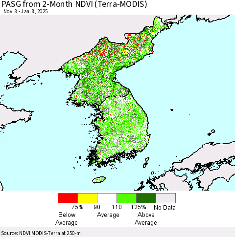 Korea PASG from 2-Month NDVI (Terra-MODIS) Thematic Map For 1/1/2025 - 1/8/2025