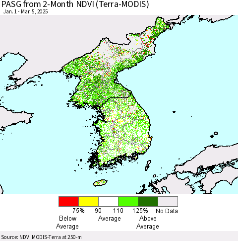 Korea PASG from 2-Month NDVI (Terra-MODIS) Thematic Map For 2/26/2025 - 3/5/2025
