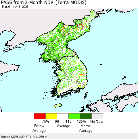 Korea PASG from 2-Month NDVI (Terra-MODIS) Thematic Map For 5/1/2025 - 5/8/2025