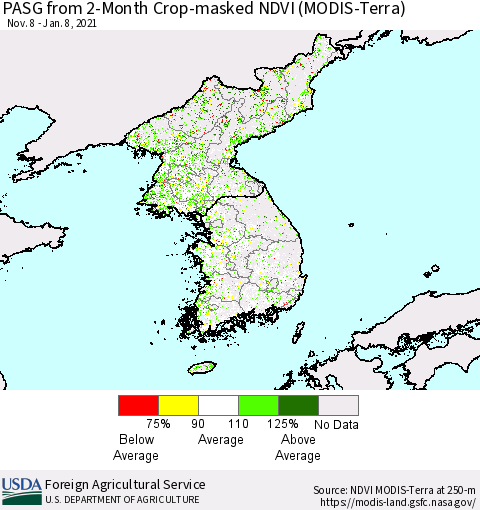Korea PASG from 2-Month Cropland NDVI (Terra-MODIS) Thematic Map For 1/1/2021 - 1/10/2021