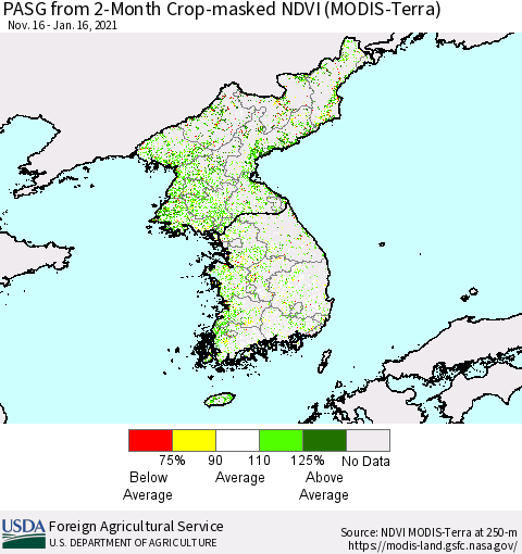 Korea PASG from 2-Month Cropland NDVI (Terra-MODIS) Thematic Map For 1/11/2021 - 1/20/2021