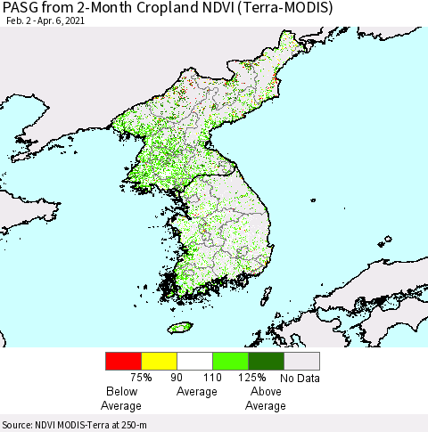 Korea PASG from 2-Month Cropland NDVI (Terra-MODIS) Thematic Map For 3/30/2021 - 4/6/2021