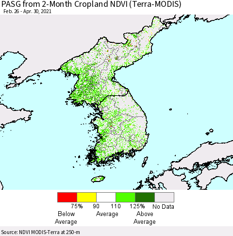 Korea PASG from 2-Month Cropland NDVI (Terra-MODIS) Thematic Map For 4/23/2021 - 4/30/2021