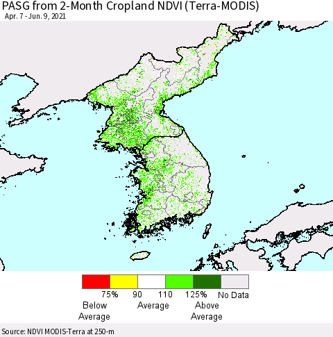 Korea PASG from 2-Month Cropland NDVI (Terra-MODIS) Thematic Map For 6/2/2021 - 6/9/2021