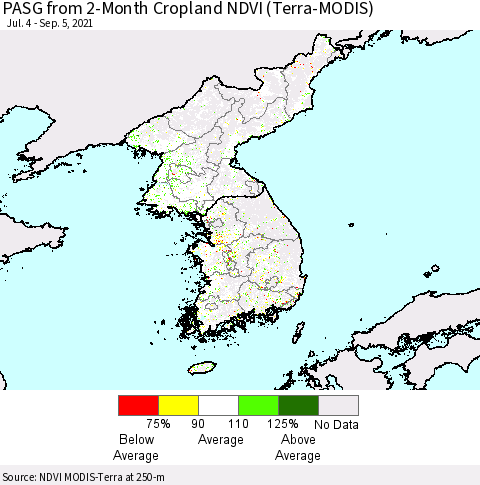 Korea PASG from 2-Month Cropland NDVI (Terra-MODIS) Thematic Map For 8/29/2021 - 9/5/2021