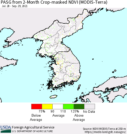 Korea PASG from 2-Month Cropland NDVI (Terra-MODIS) Thematic Map For 9/21/2021 - 9/30/2021