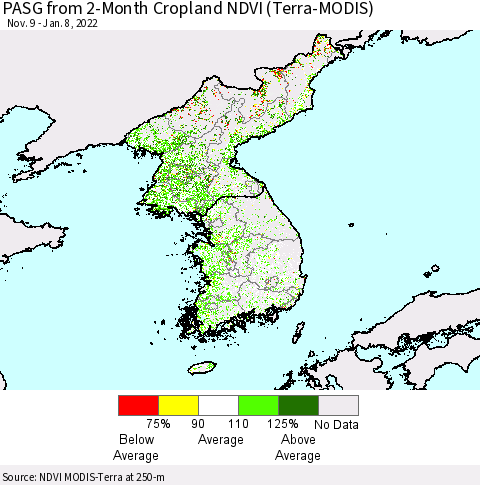 Korea PASG from 2-Month Cropland NDVI (Terra-MODIS) Thematic Map For 1/1/2022 - 1/8/2022