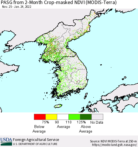 Korea PASG from 2-Month Cropland NDVI (Terra-MODIS) Thematic Map For 1/21/2022 - 1/31/2022