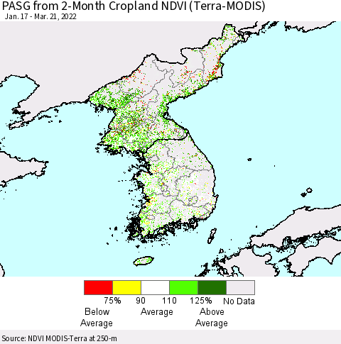 Korea PASG from 2-Month Cropland NDVI (Terra-MODIS) Thematic Map For 3/14/2022 - 3/21/2022