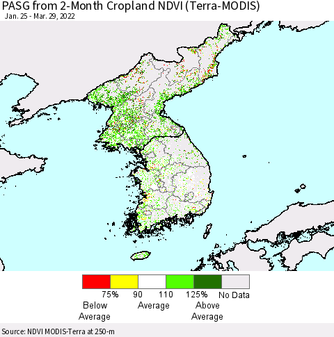 Korea PASG from 2-Month Cropland NDVI (Terra-MODIS) Thematic Map For 3/22/2022 - 3/29/2022