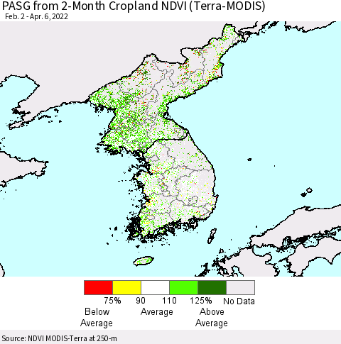 Korea PASG from 2-Month Cropland NDVI (Terra-MODIS) Thematic Map For 3/30/2022 - 4/6/2022