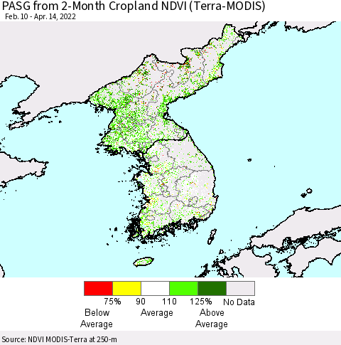 Korea PASG from 2-Month Cropland NDVI (Terra-MODIS) Thematic Map For 4/7/2022 - 4/14/2022