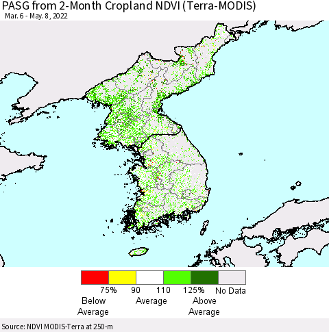 Korea PASG from 2-Month Cropland NDVI (Terra-MODIS) Thematic Map For 5/1/2022 - 5/8/2022