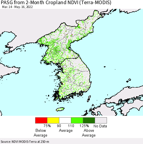 Korea PASG from 2-Month Cropland NDVI (Terra-MODIS) Thematic Map For 5/9/2022 - 5/16/2022