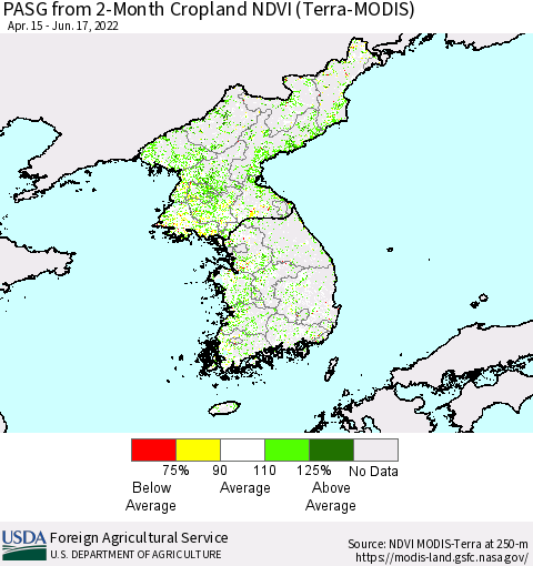 Korea PASG from 2-Month Cropland NDVI (Terra-MODIS) Thematic Map For 6/11/2022 - 6/20/2022
