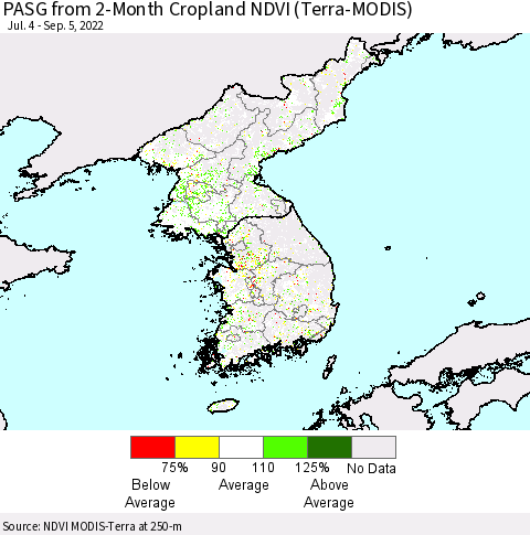 Korea PASG from 2-Month Cropland NDVI (Terra-MODIS) Thematic Map For 8/29/2022 - 9/5/2022