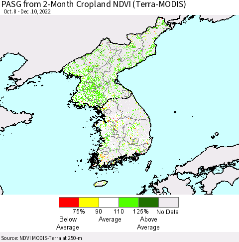 Korea PASG from 2-Month Cropland NDVI (Terra-MODIS) Thematic Map For 12/3/2022 - 12/10/2022