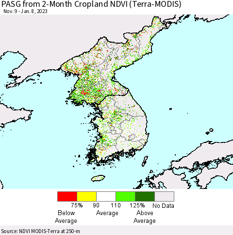 Korea PASG from 2-Month Cropland NDVI (Terra-MODIS) Thematic Map For 1/1/2023 - 1/8/2023
