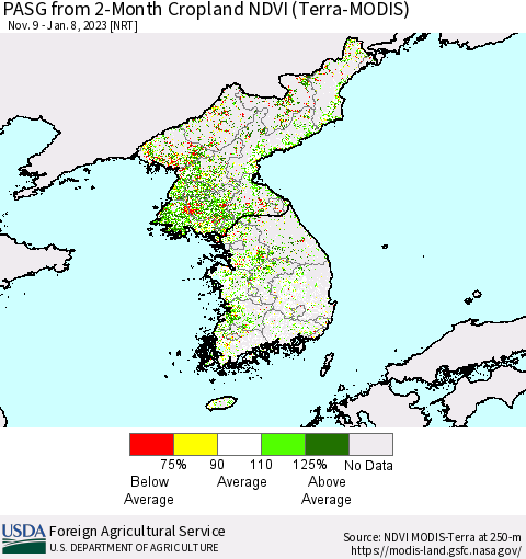 Korea PASG from 2-Month Cropland NDVI (Terra-MODIS) Thematic Map For 1/1/2023 - 1/10/2023