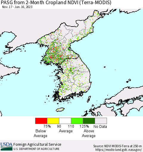 Korea PASG from 2-Month Cropland NDVI (Terra-MODIS) Thematic Map For 1/11/2023 - 1/20/2023