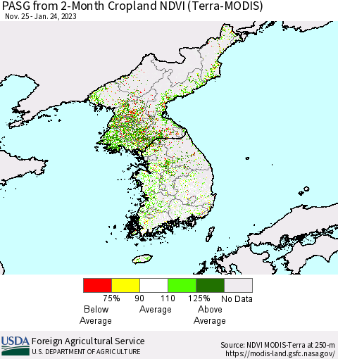 Korea PASG from 2-Month Cropland NDVI (Terra-MODIS) Thematic Map For 1/21/2023 - 1/31/2023