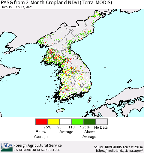 Korea PASG from 2-Month Cropland NDVI (Terra-MODIS) Thematic Map For 2/11/2023 - 2/20/2023