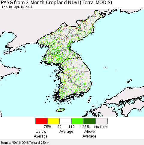 Korea PASG from 2-Month Cropland NDVI (Terra-MODIS) Thematic Map For 4/7/2023 - 4/14/2023
