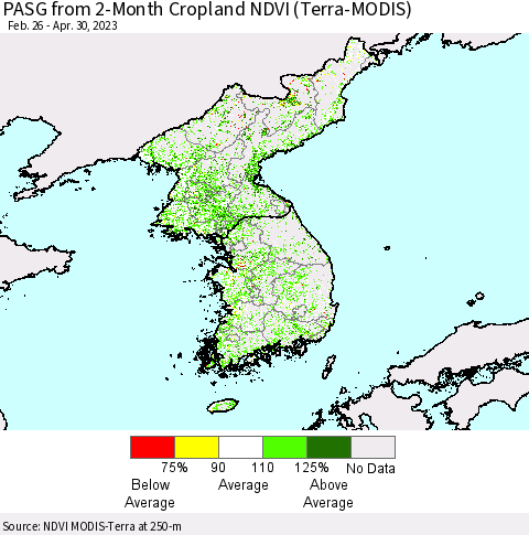 Korea PASG from 2-Month Cropland NDVI (Terra-MODIS) Thematic Map For 4/21/2023 - 4/30/2023