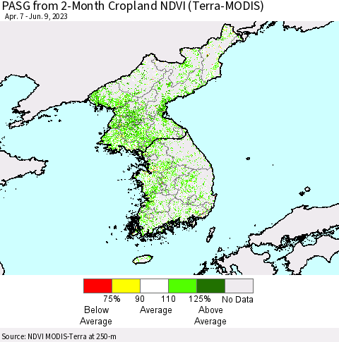 Korea PASG from 2-Month Cropland NDVI (Terra-MODIS) Thematic Map For 6/2/2023 - 6/9/2023